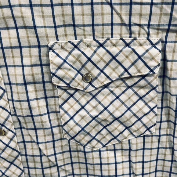 Wrangler Mens Western Shirt 2XL White Blue Plaid Pearl Snap Short Sleeve Pockets - Picture 3 of 8